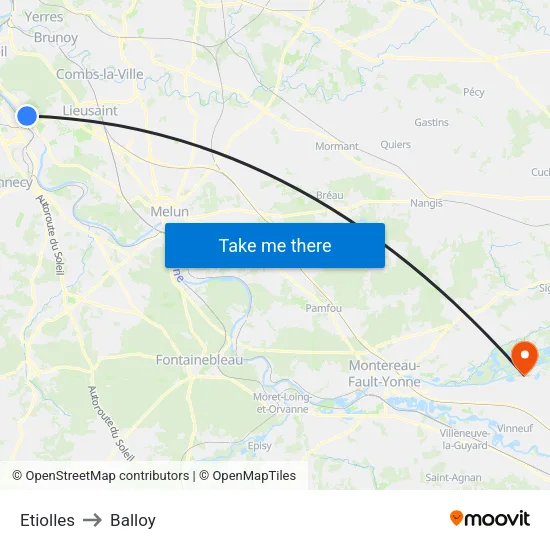 Etiolles to Balloy map