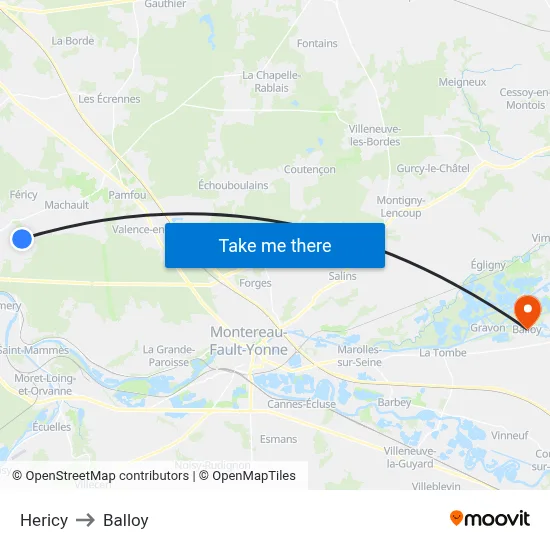 Hericy to Balloy map