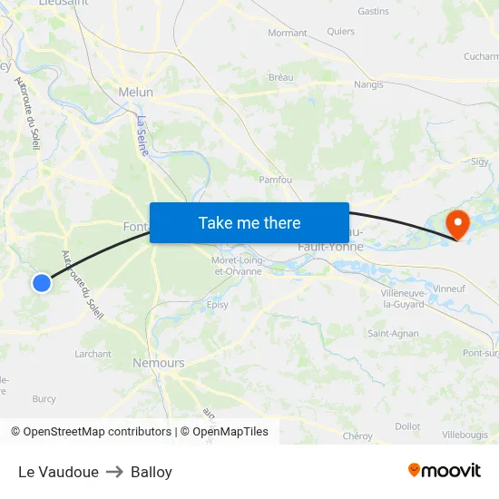 Le Vaudoue to Balloy map