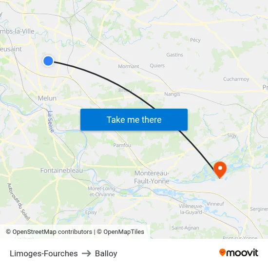 Limoges-Fourches to Balloy map