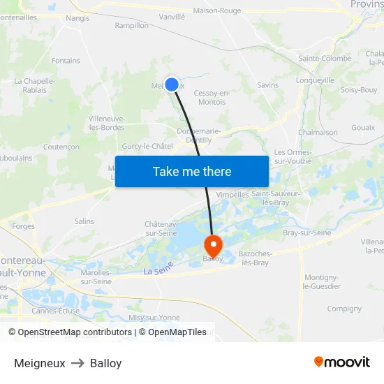Meigneux to Balloy map