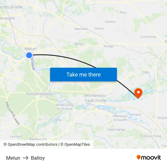 Melun to Balloy map
