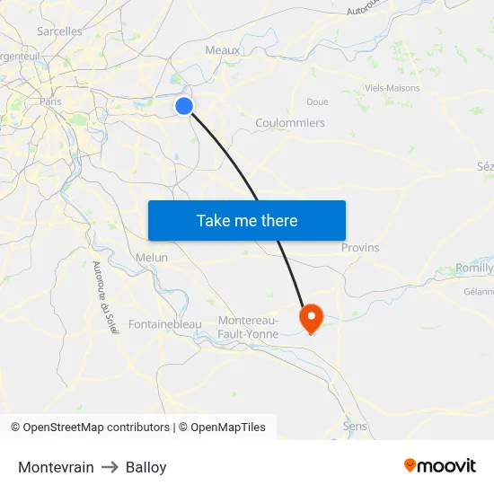Montevrain to Balloy map
