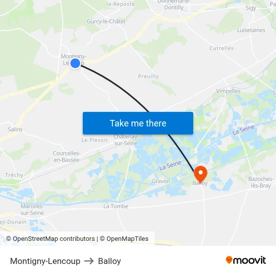 Montigny-Lencoup to Balloy map