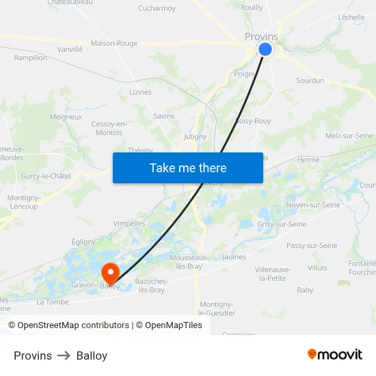 Provins to Balloy map