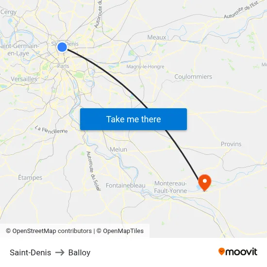 Saint-Denis to Balloy map