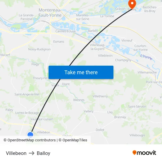Villebeon to Balloy map