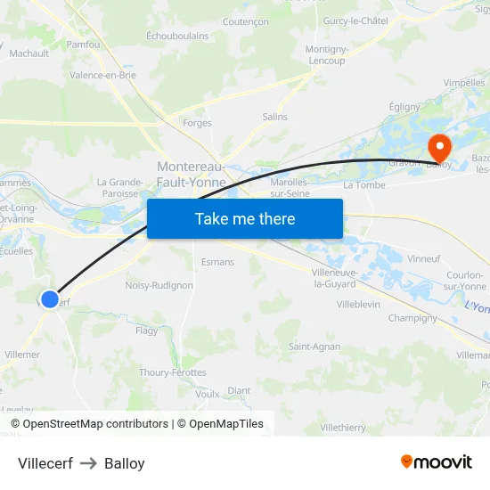 Villecerf to Balloy map