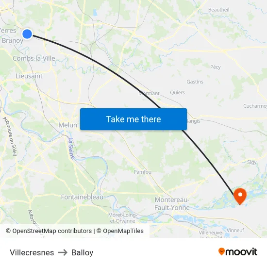 Villecresnes to Balloy map