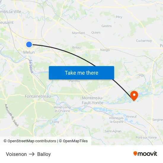 Voisenon to Balloy map