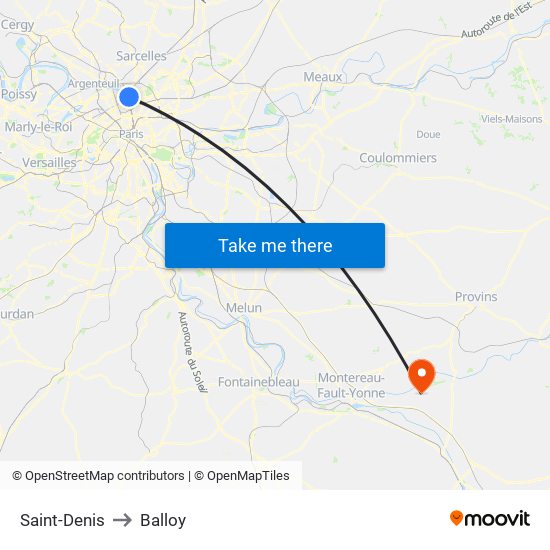Saint-Denis to Balloy map