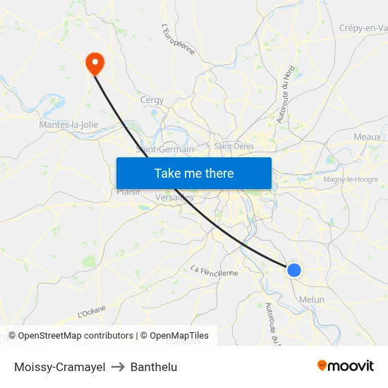 Moissy-Cramayel to Banthelu map