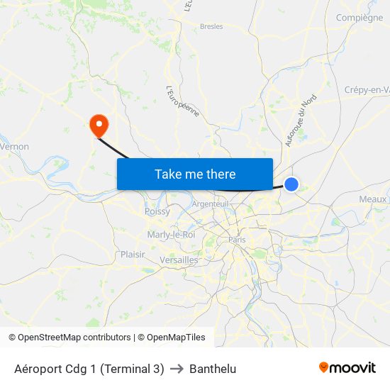 Aéroport Cdg 1 (Terminal 3) to Banthelu map