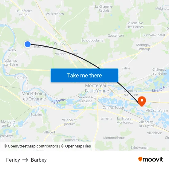 Fericy to Barbey map
