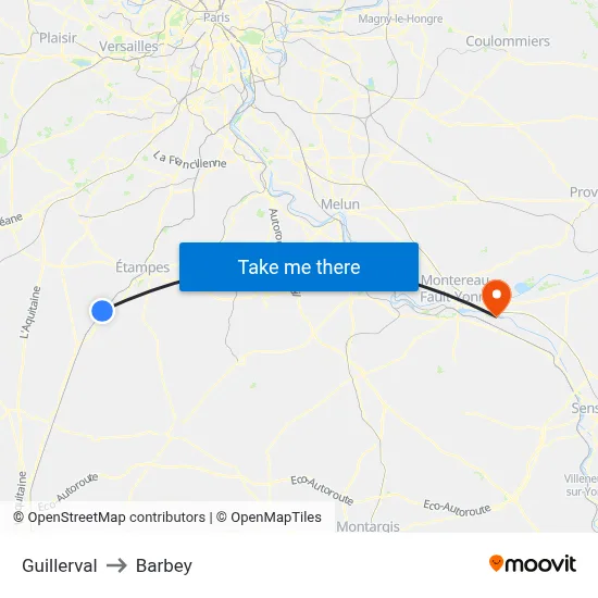 Guillerval to Barbey map
