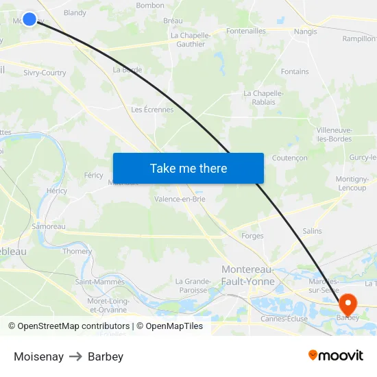 Moisenay to Barbey map