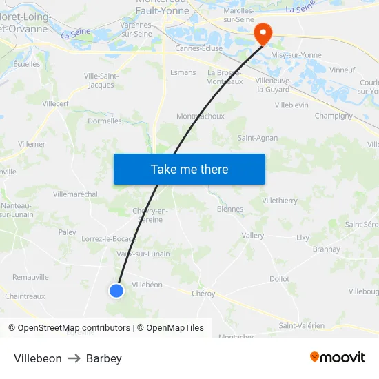 Villebeon to Barbey map