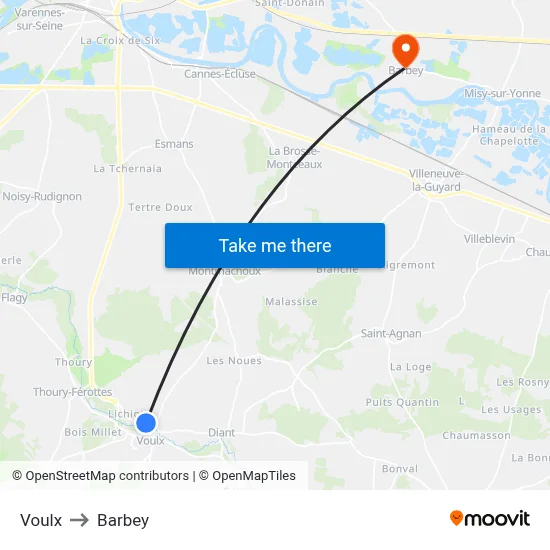 Voulx to Barbey map
