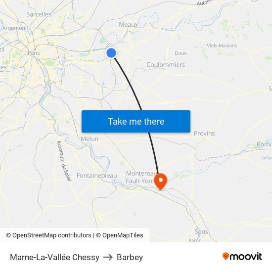 Marne-La-Vallée Chessy to Barbey map