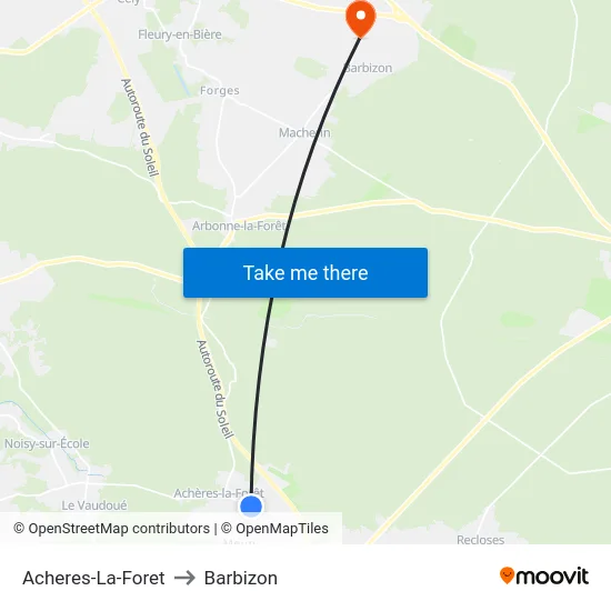 Acheres-La-Foret to Barbizon map