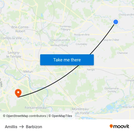 Amillis to Barbizon map