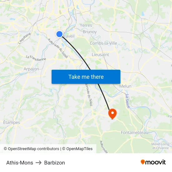 Athis-Mons to Barbizon map