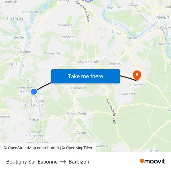 Boutigny-Sur-Essonne to Barbizon map