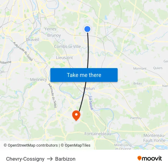 Chevry-Cossigny to Barbizon map