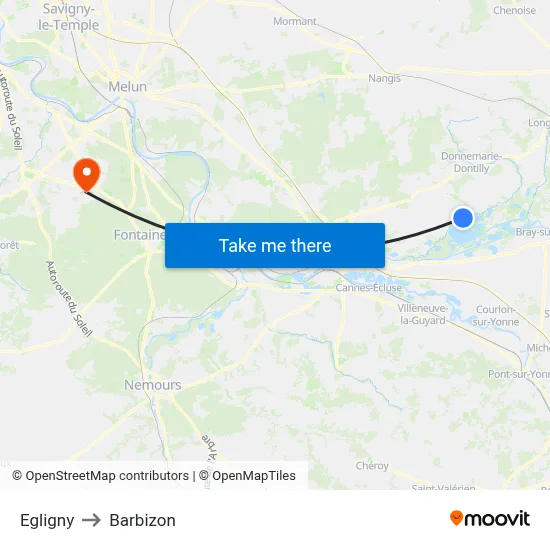 Egligny to Barbizon map