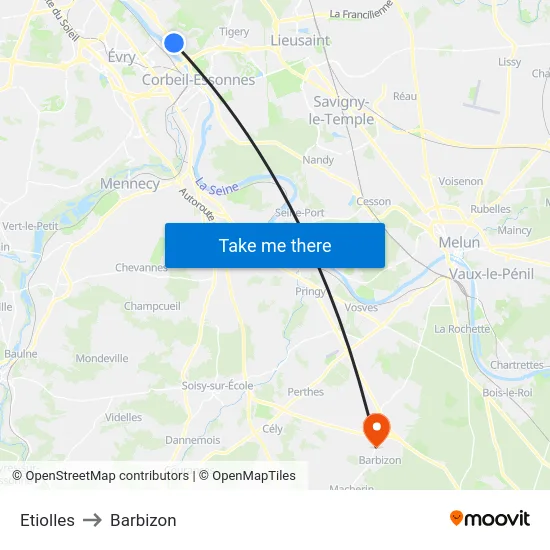 Etiolles to Barbizon map