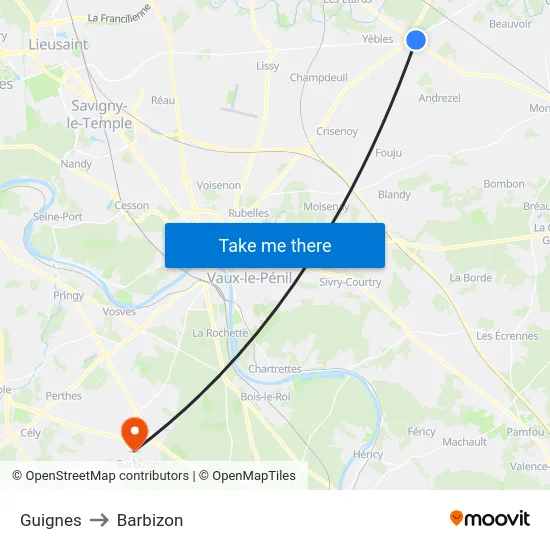 Guignes to Barbizon map