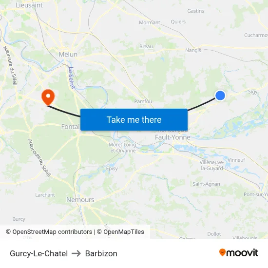 Gurcy-Le-Chatel to Barbizon map