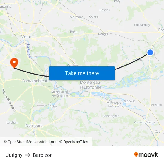 Jutigny to Barbizon map