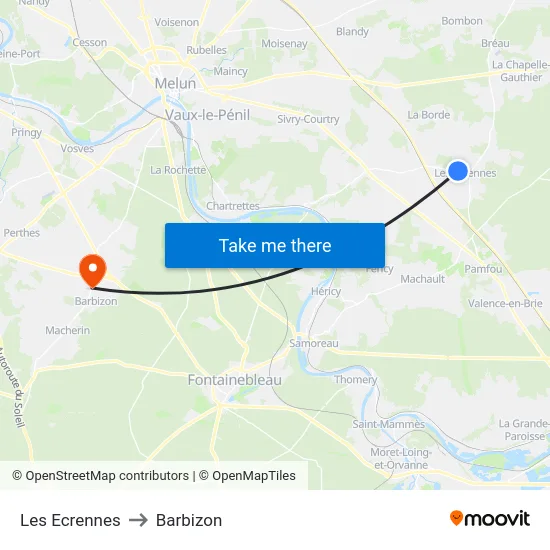 Les Ecrennes to Barbizon map