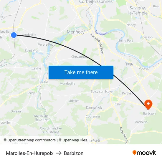 Marolles-En-Hurepoix to Barbizon map