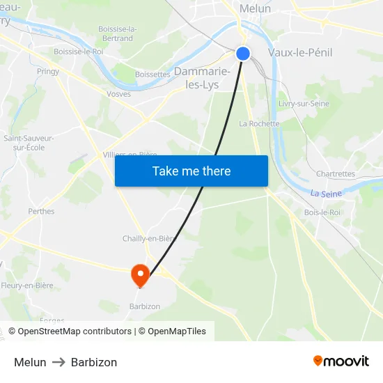 Melun to Barbizon map
