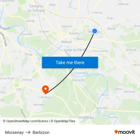 Moisenay to Barbizon map
