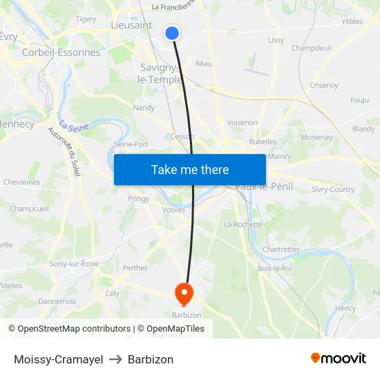 Moissy-Cramayel to Barbizon map