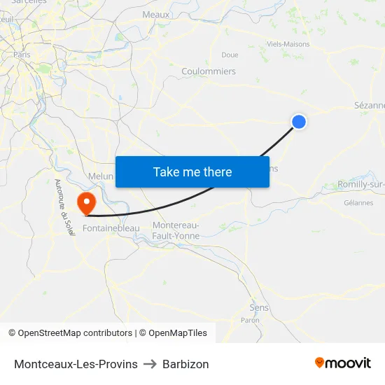 Montceaux-Les-Provins to Barbizon map