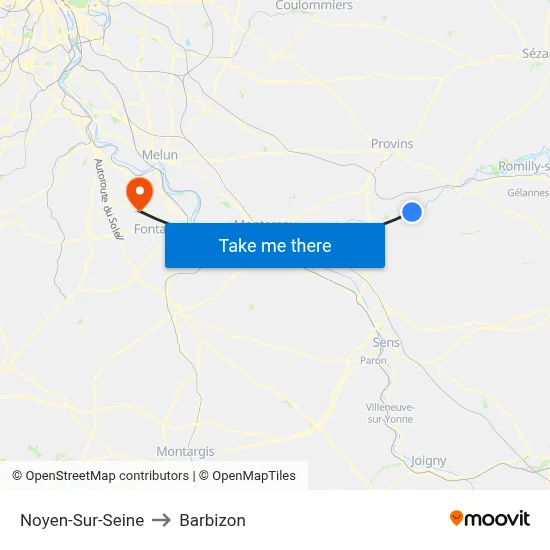 Noyen-Sur-Seine to Barbizon map