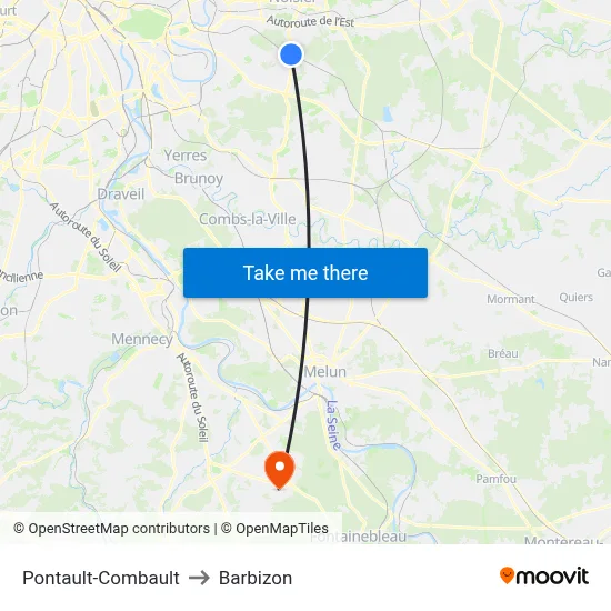 Pontault-Combault to Barbizon map