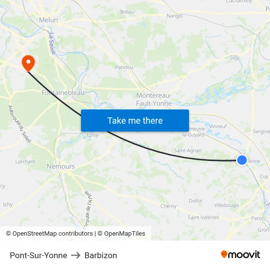Pont-Sur-Yonne to Barbizon map