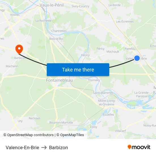 Valence-En-Brie to Barbizon map