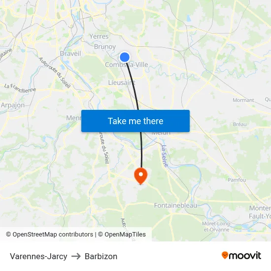 Varennes-Jarcy to Barbizon map