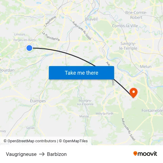 Vaugrigneuse to Barbizon map