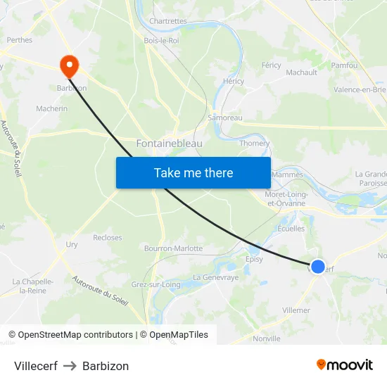 Villecerf to Barbizon map
