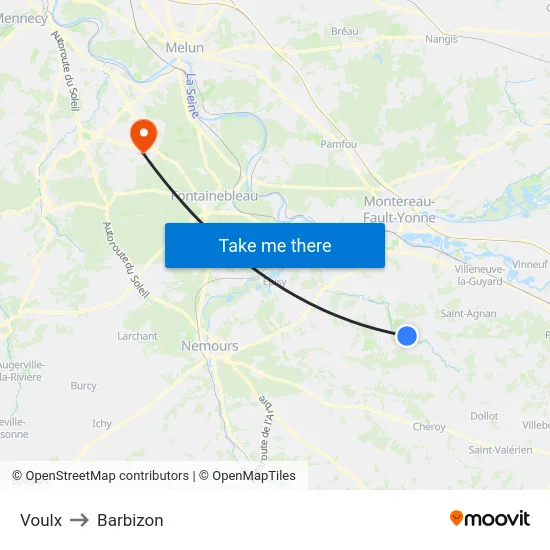 Voulx to Barbizon map