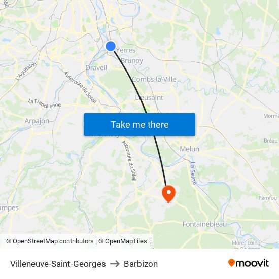 Villeneuve-Saint-Georges to Barbizon map