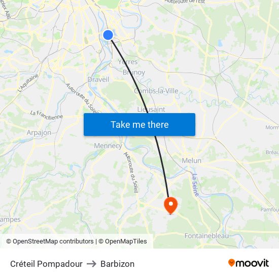Créteil Pompadour to Barbizon map