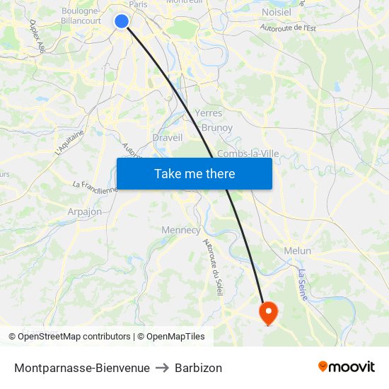 Montparnasse-Bienvenue to Barbizon map
